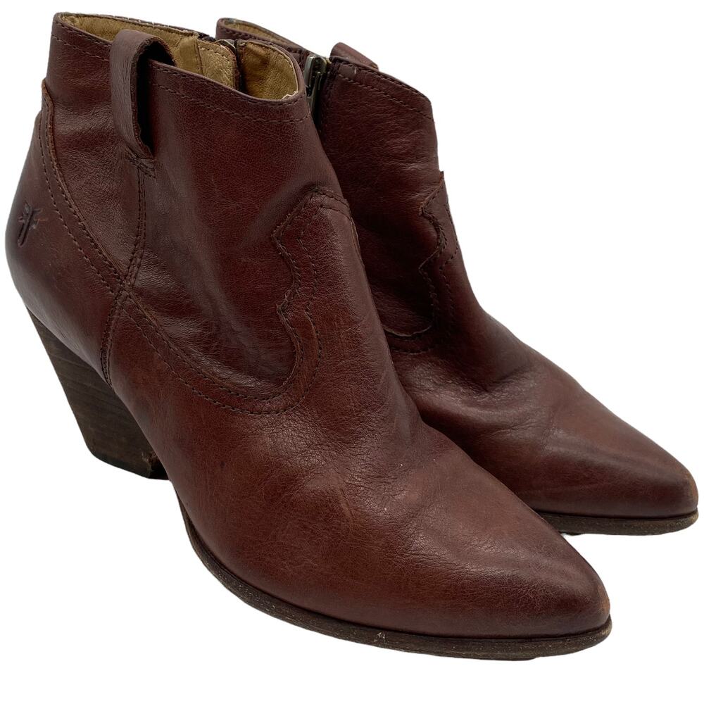 Frye Reina Cognac Leather Western Ankle Booties Brown Heel Scuffing Size 6.5M